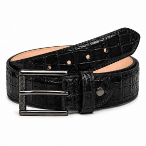 Cinturón urbano de cocodrilo negro con hebilla metálica rectangular